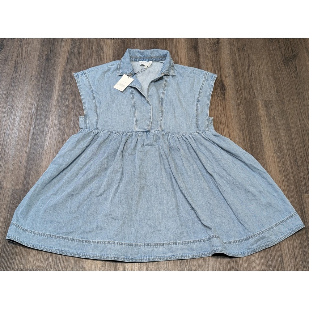 Mable‎ Denim Dress Babydoll Mini Shirt Collar Sleeveless Light Wash L